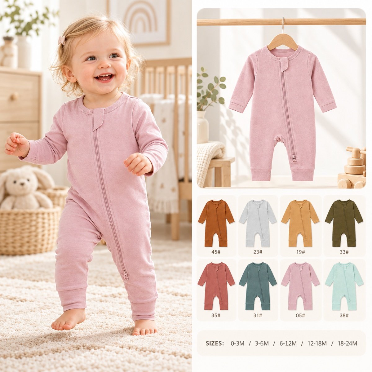 Wholesale bamboo baby romper shown on a baby model with multiple solid color options and certified fabric