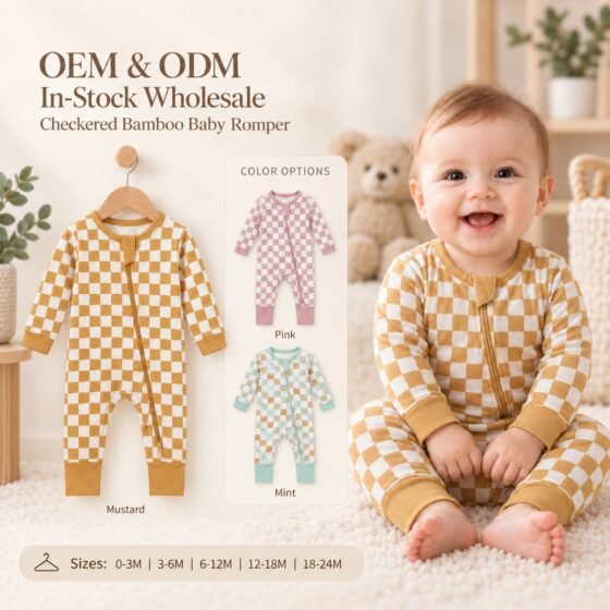 Wholesale bamboo checkered baby romper in mustard with pink and mint color options for OEM ODM sourcing