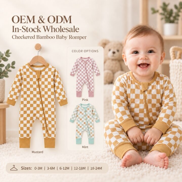 Wholesale bamboo checkered baby romper in mustard with pink and mint color options for OEM ODM sourcing