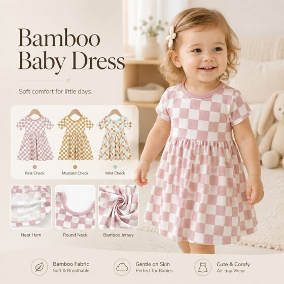 Wholesale bamboo viscose checkered girls dress in pink with three ready stock color options