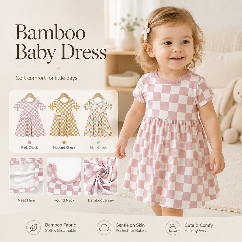Wholesale bamboo viscose checkered girls dress in pink with three ready stock color options