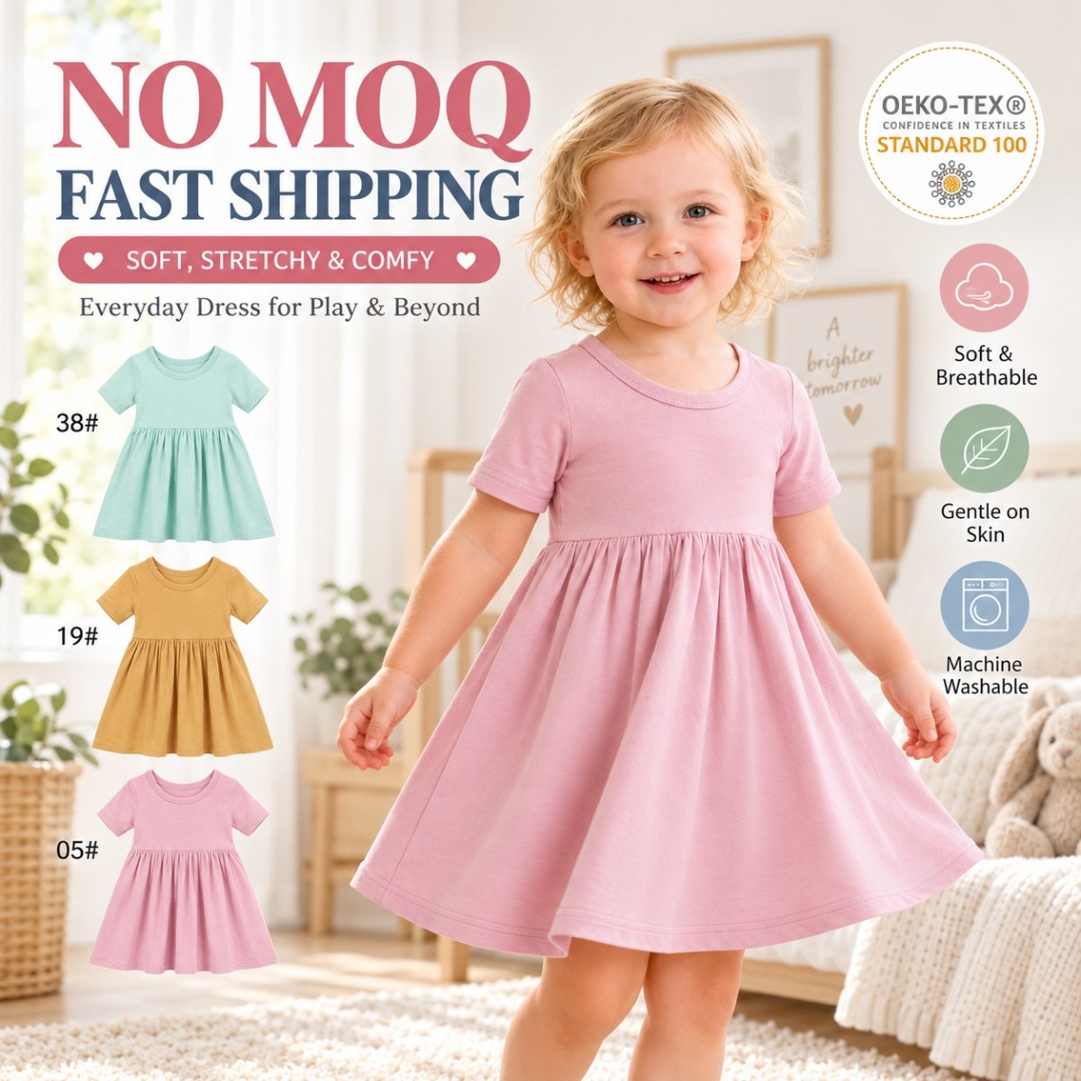 Wholesale bamboo viscose girls dress shown in pink with mint and mustard ready stock color options