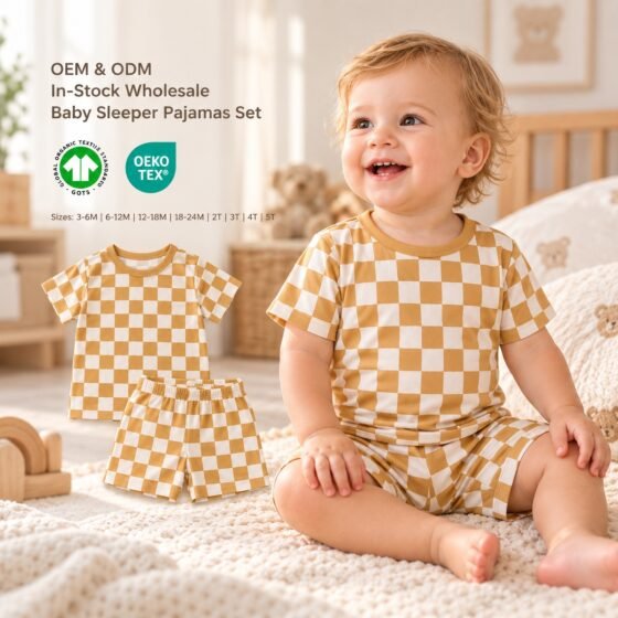 Wholesale checkered bamboo baby pajama set with matching short sleeve top and shorts for OEM ODM sourcing