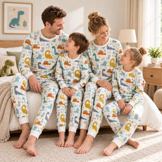 Wholesale cotton family matching pajamas with colorful dinosaur print for adults and kids