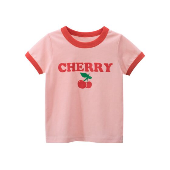 Wholesale girls pink short sleeve ringer t-shirt with cute cherry graphic print