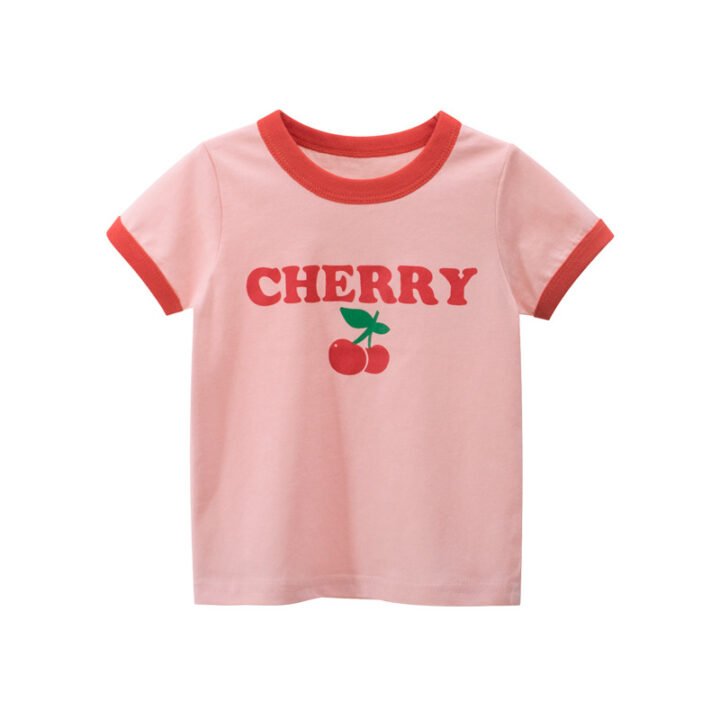 Wholesale girls pink short sleeve ringer t-shirt with cute cherry graphic print