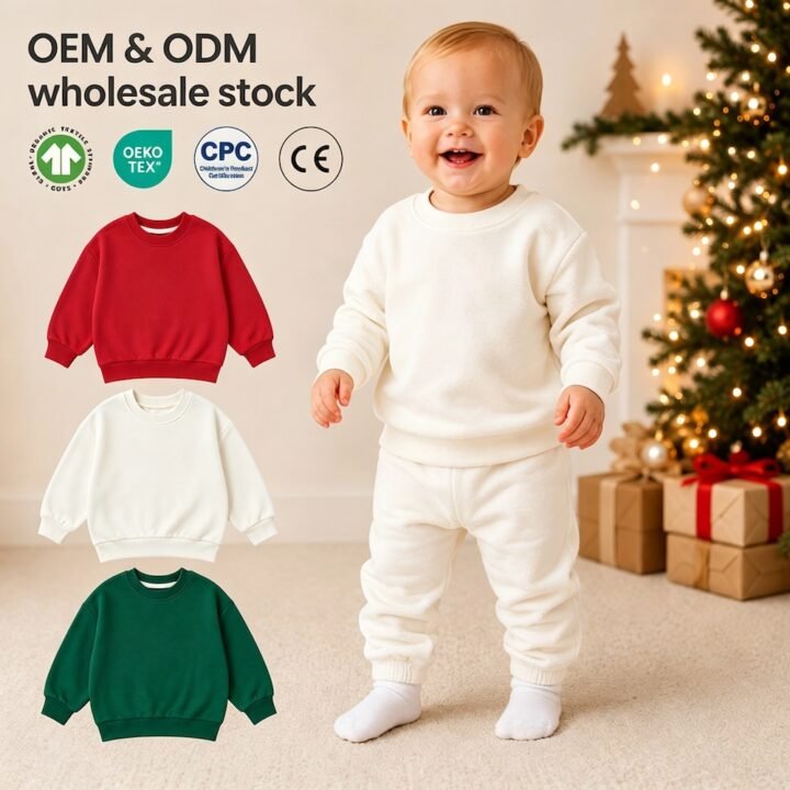Wholesale kids French terry Christmas sweatshirt in bright red, dark green and ivory