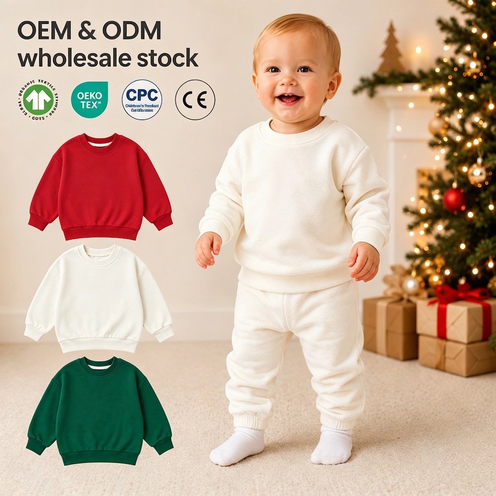 Wholesale kids French terry Christmas sweatshirt in bright red, dark green and ivory