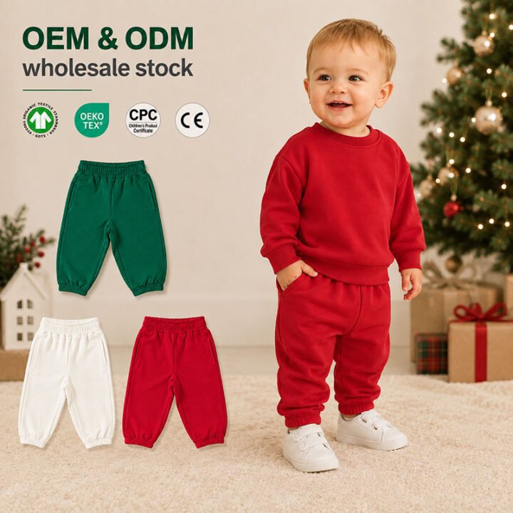 Wholesale organic cotton French terry kids jogger pants with ribbed cuffs