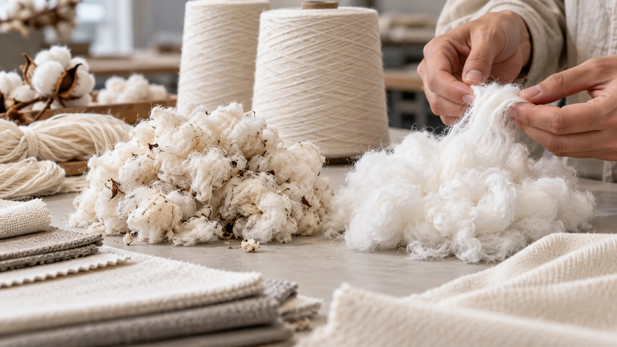 Recycled and virgin cotton fibre blend microscope-level texture | kidswear sourcing and manufacturing