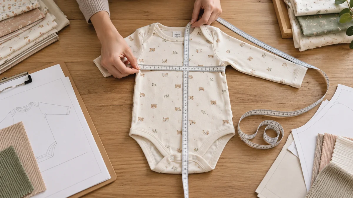 Baby bodysuit showing chest body length sleeve and crotch measurement points