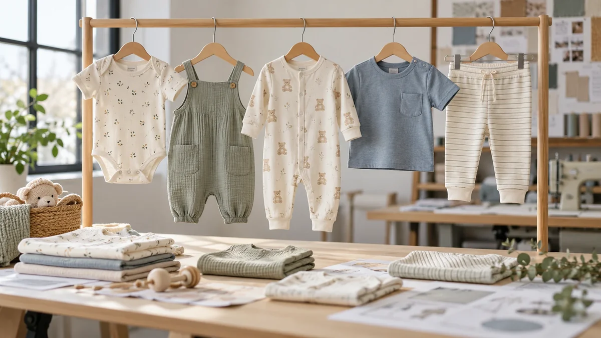 Baby bodysuits rompers pajamas and T-shirts arranged for first collection planning