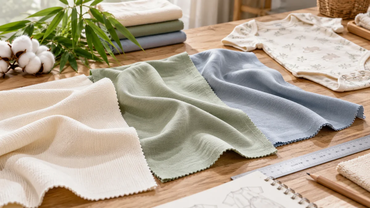 Fabric swatches comparing cotton viscose made from bamboo and modal for baby clothing