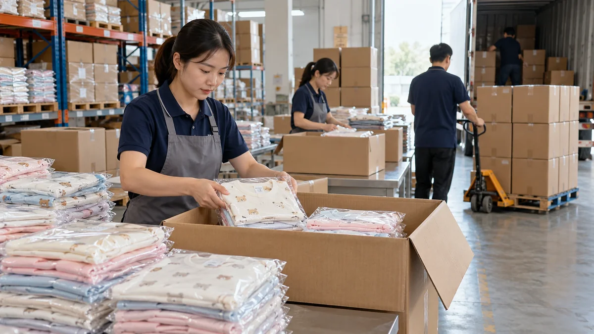 Finished baby clothing packed in export cartons for international shipping