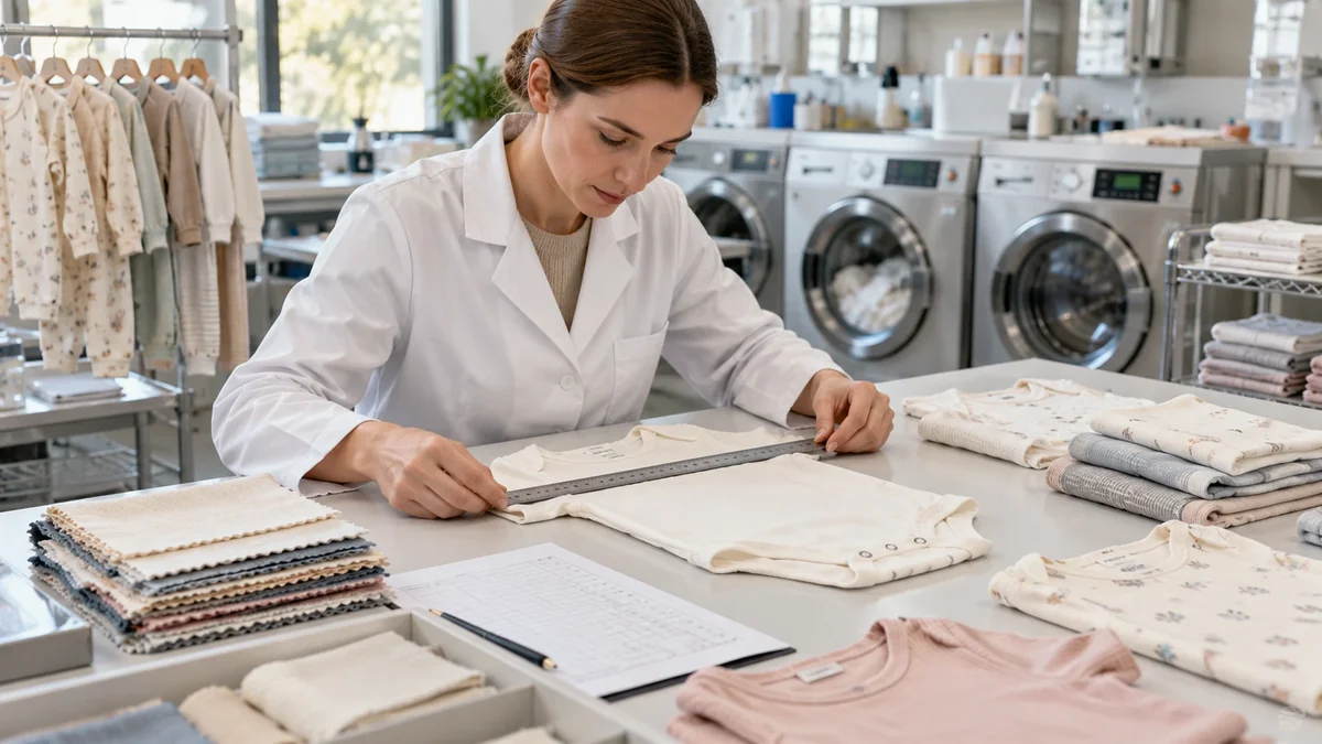 Baby clothing fabrics undergoing shrinkage wash and dimensional stability testing