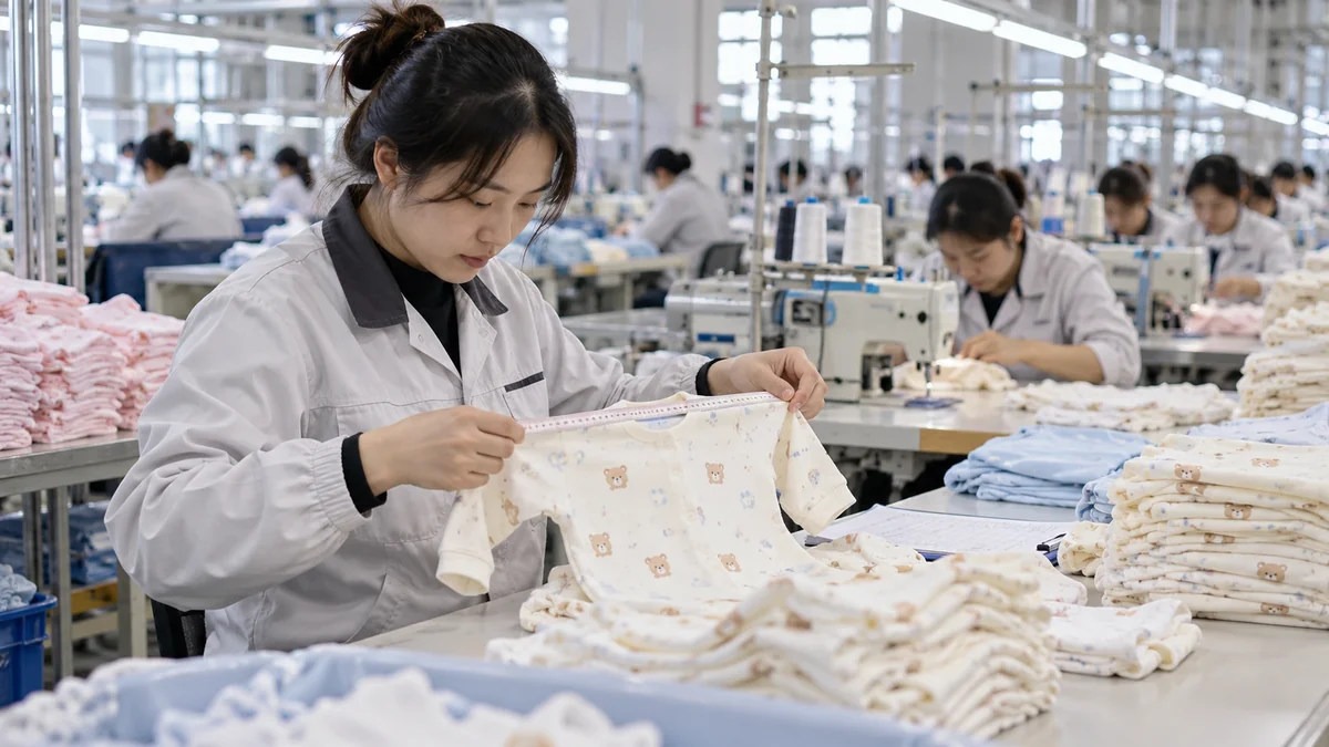Quality inspector checking measurements and sewing on baby garments in production