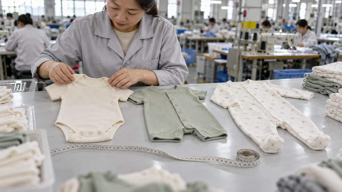 Baby bodysuit and romper samples being inspected before supplier approval