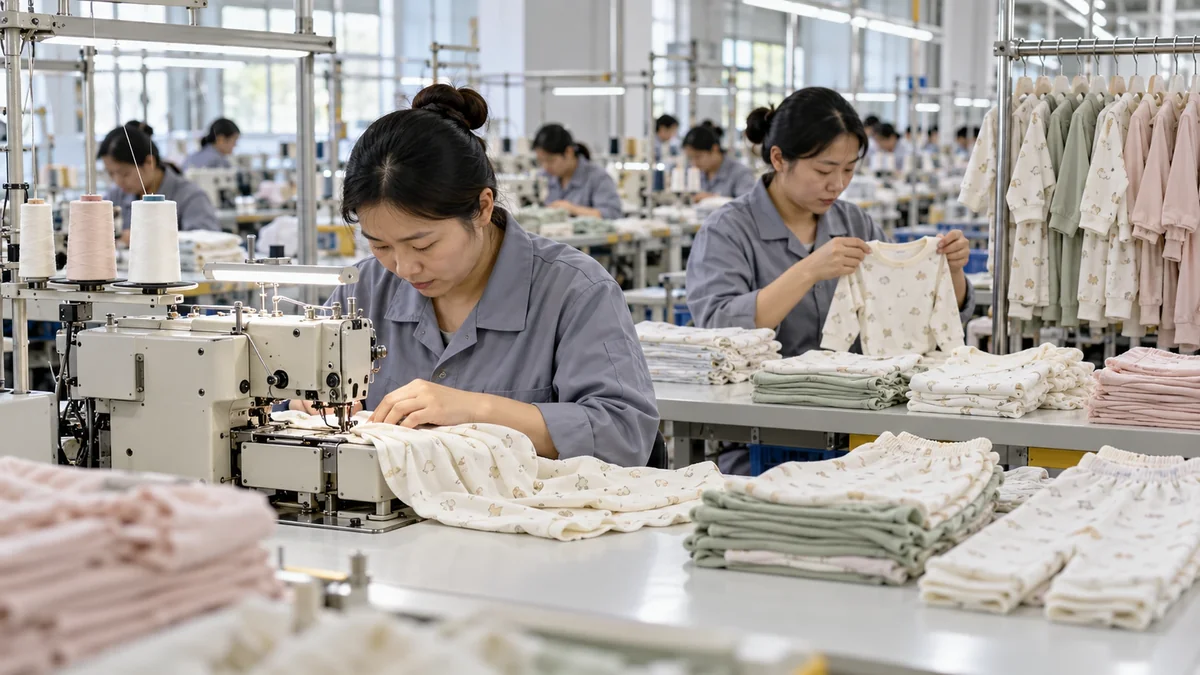 Soft baby pajama sets being produced on an apparel manufacturing line