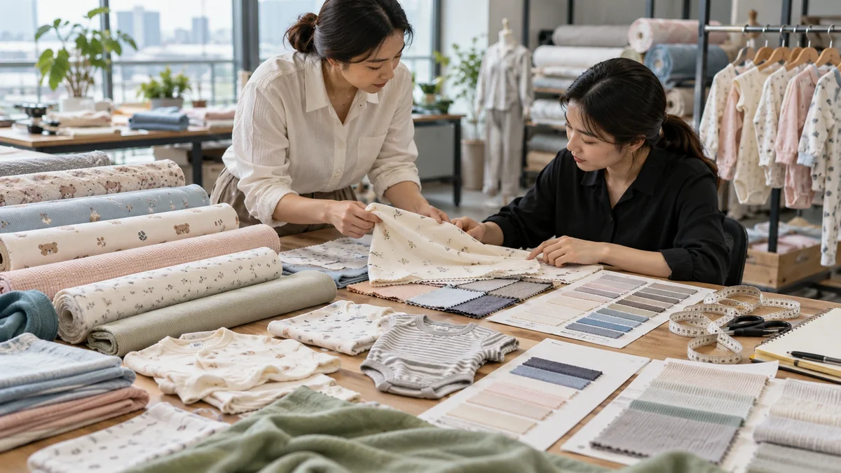 Baby clothing fabric swatches being reviewed for an OEM production order in China