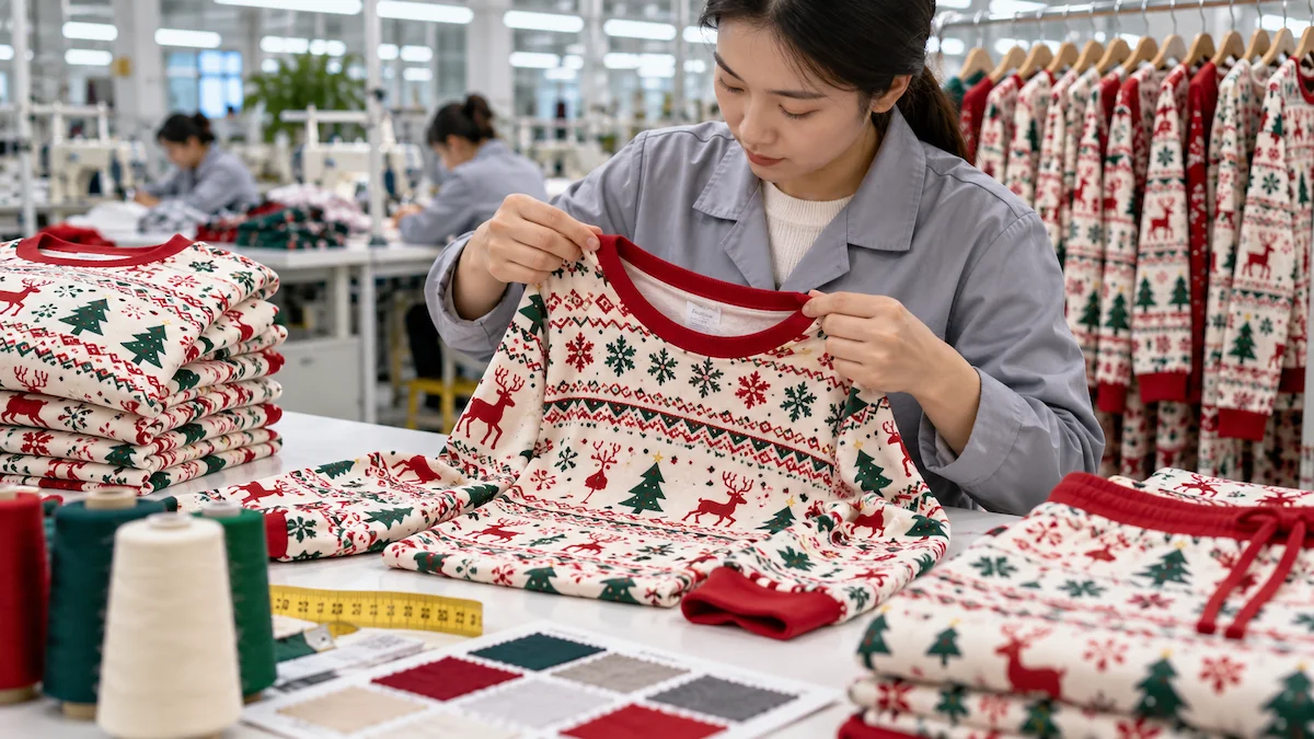 Christmas Pajamas Quality Control Quality inspection of Christmas pajamas during garment production