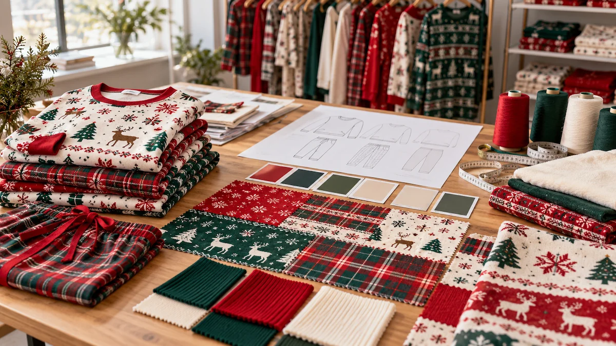 Custom Christmas Family Pajamas Fabric and Print Development Fabric print and color development for custom Christmas family pajamas