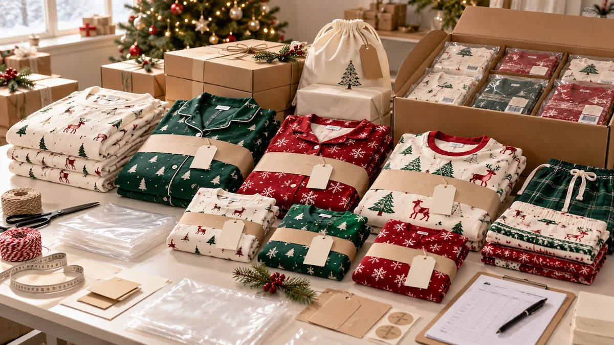 Custom Christmas Pajamas Gift Packaging and Wholesale Packing Custom Christmas pajamas gift packaging and wholesale order preparation