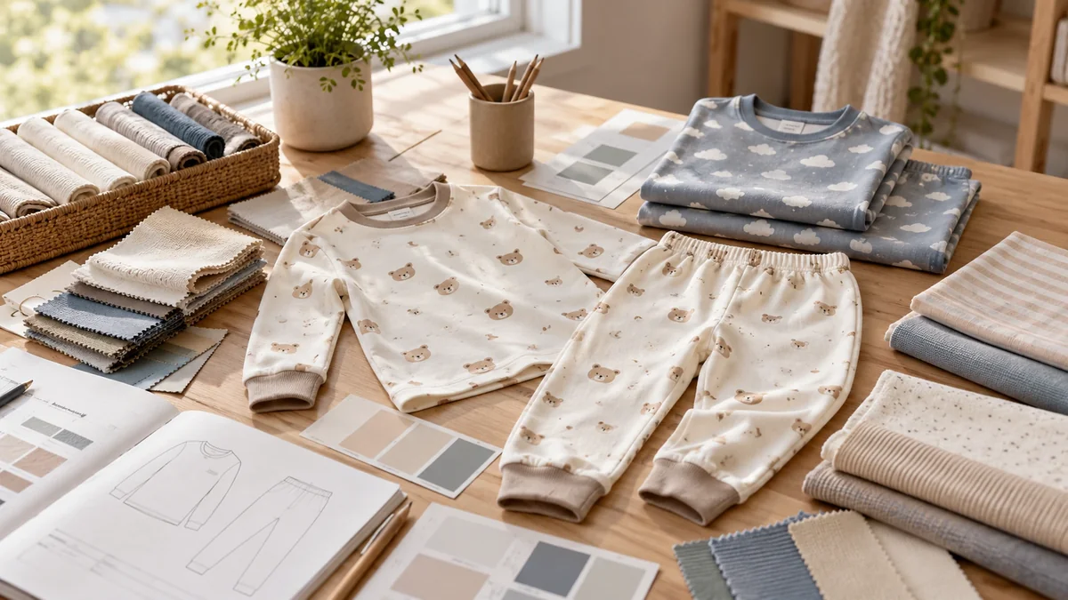 Kids sleepwear collection planning with pajama sets fabric swatches and product specifications