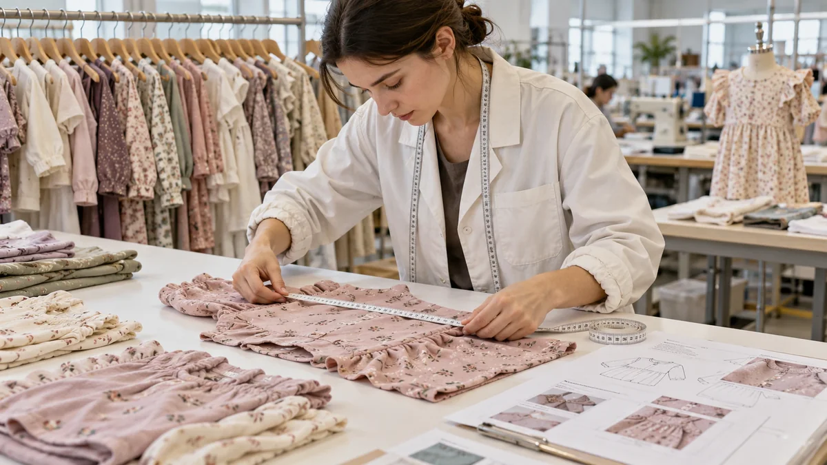 Technician inspecting measurements seams and construction on a kidswear sample
