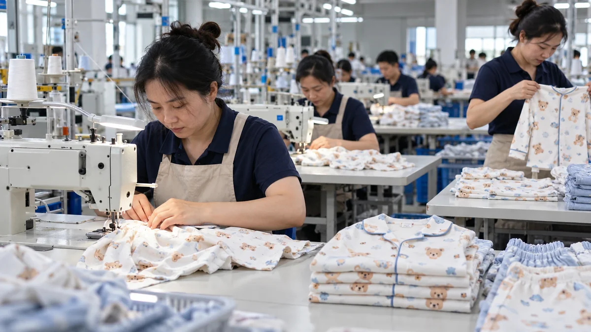 Children’s pajama production line during bulk sleepwear manufacturing