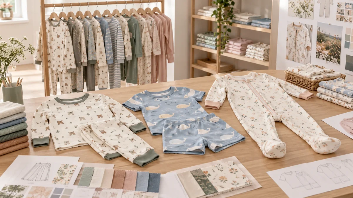 Kids pajama sets nightwear and loungewear arranged for a new sleepwear collection