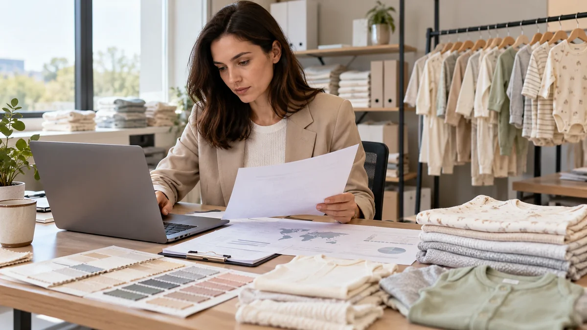 Buyer reviewing textile certification scope and traceability documents for organic baby clothing