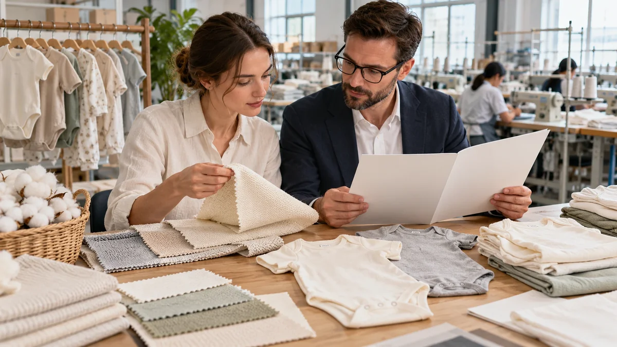 Organic cotton baby clothing samples and fabric swatches during manufacturer evaluation