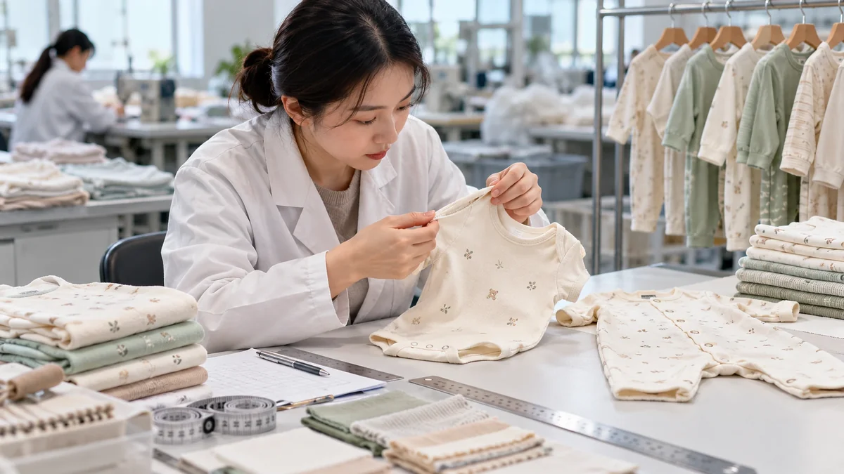 Organic cotton baby garment undergoing sample measurement and quality inspection
