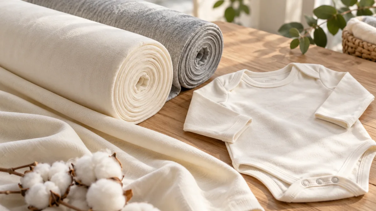 Soft organic cotton knitted fabric used for baby bodysuits and basics