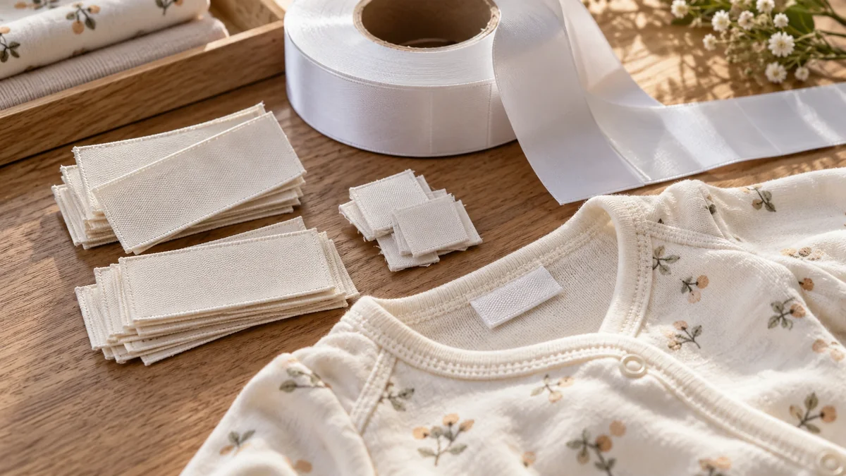 Custom woven printed care and size labels prepared for baby clothing