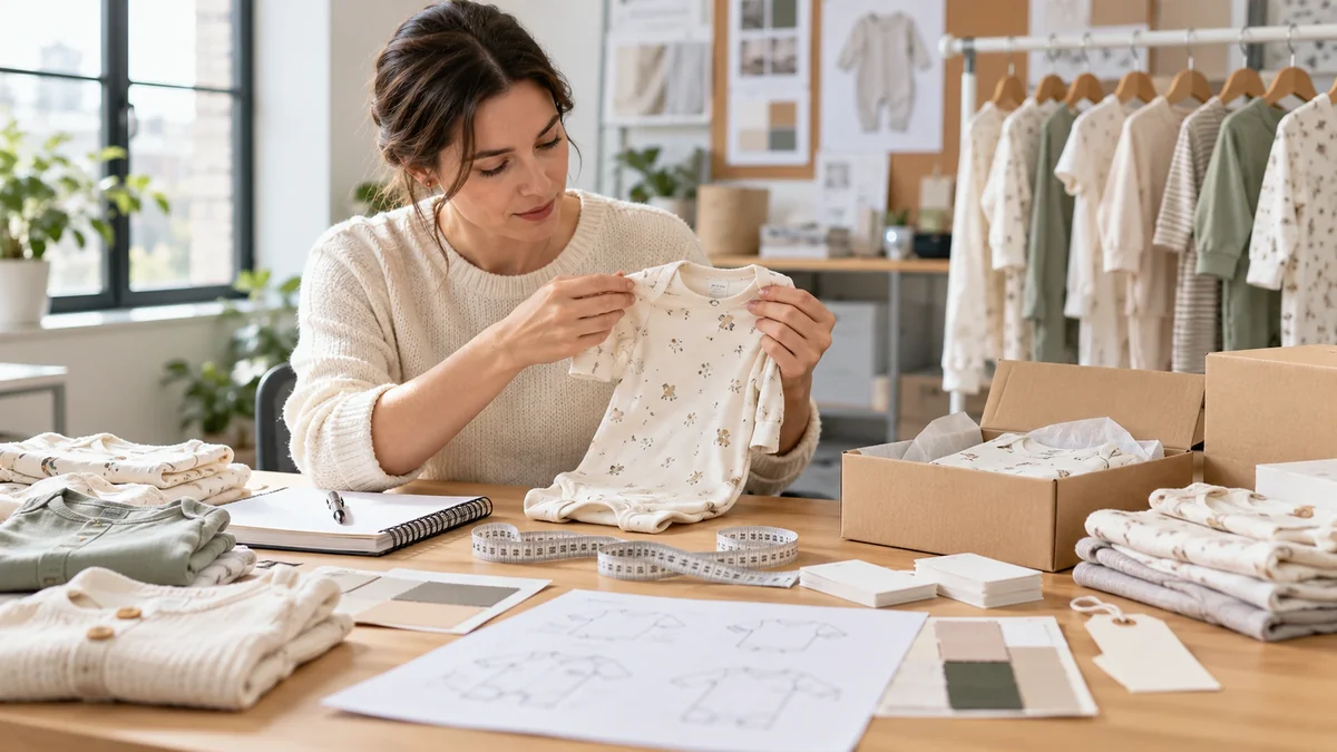 Buyer specification sheet and baby clothing sample during pre-production approval